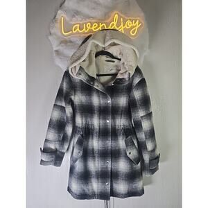 BCBGeneration Fleece Double Layered Coat Jacket Black White Plaid Womens XS Snow